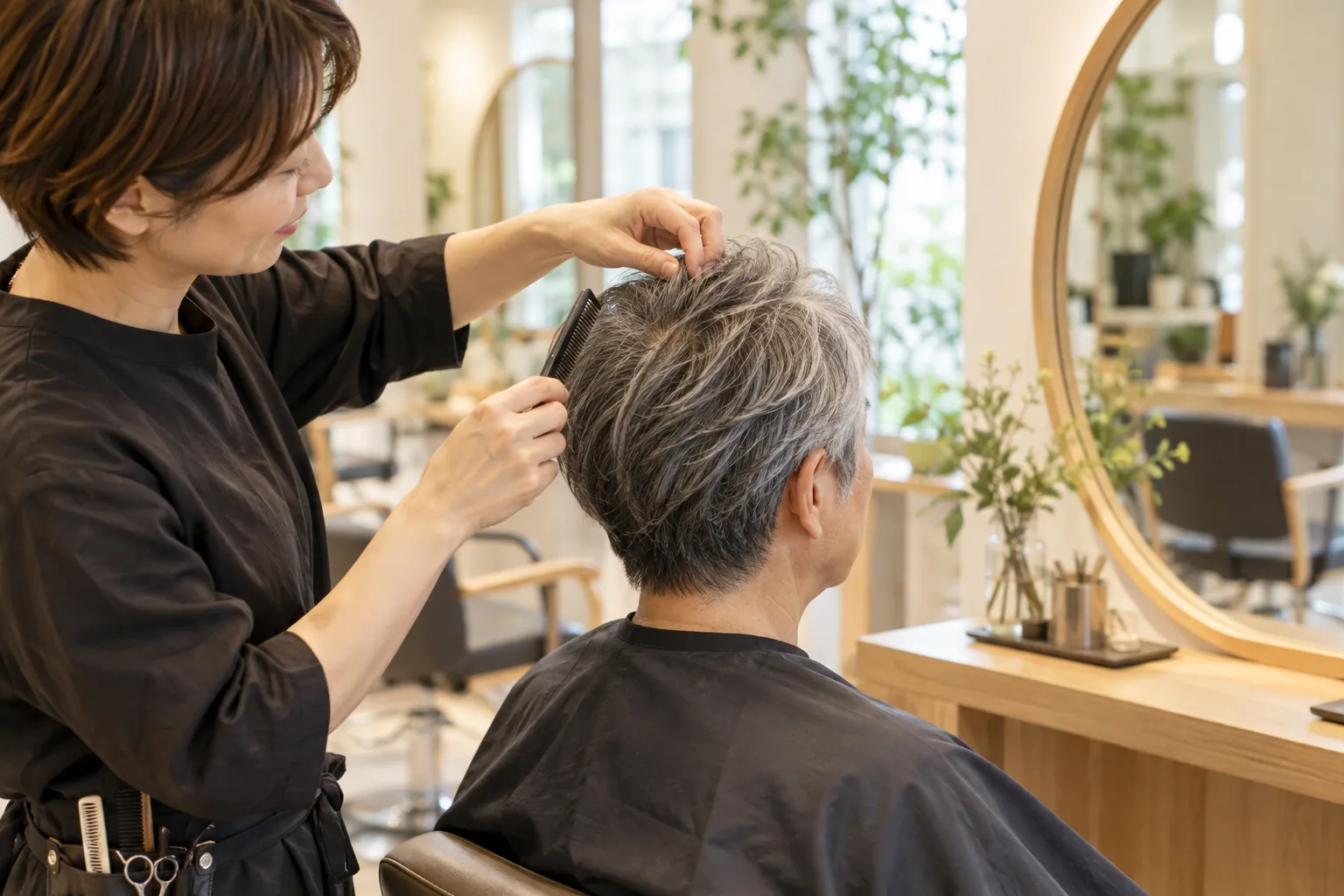 自然なグレイヘアのシルエットを整える施術イメージ