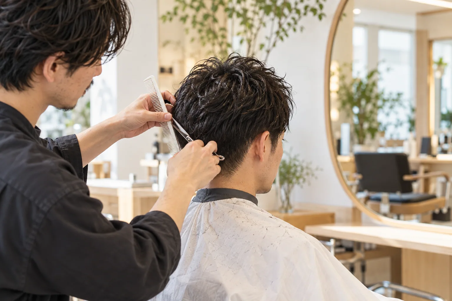 男性の短い髪をハサミとコームで整える施術イメージ