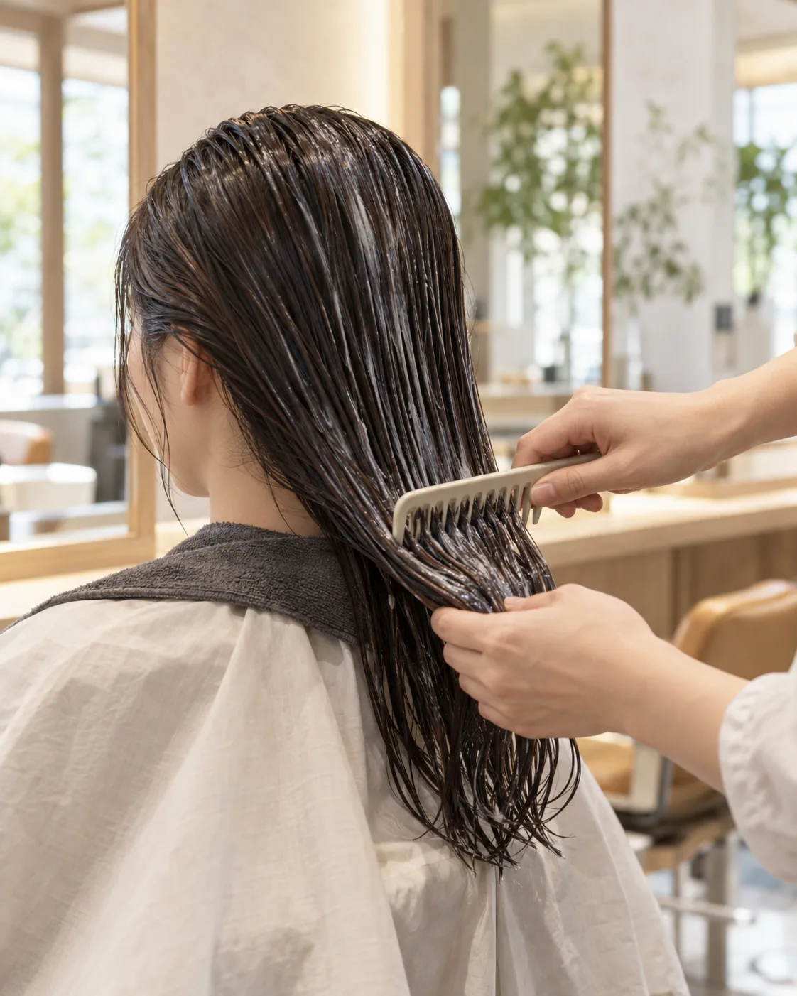 濡れた髪へトリートメントをなじませる生成イメージ